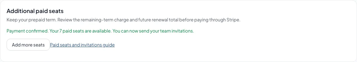 Confirm the payment and available paid seats before inviting a teammate.