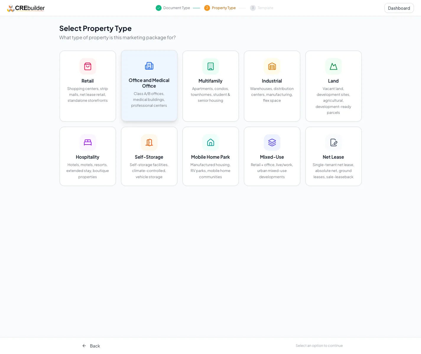 Orient users to every supported standard property-type choice in the creation flow.
