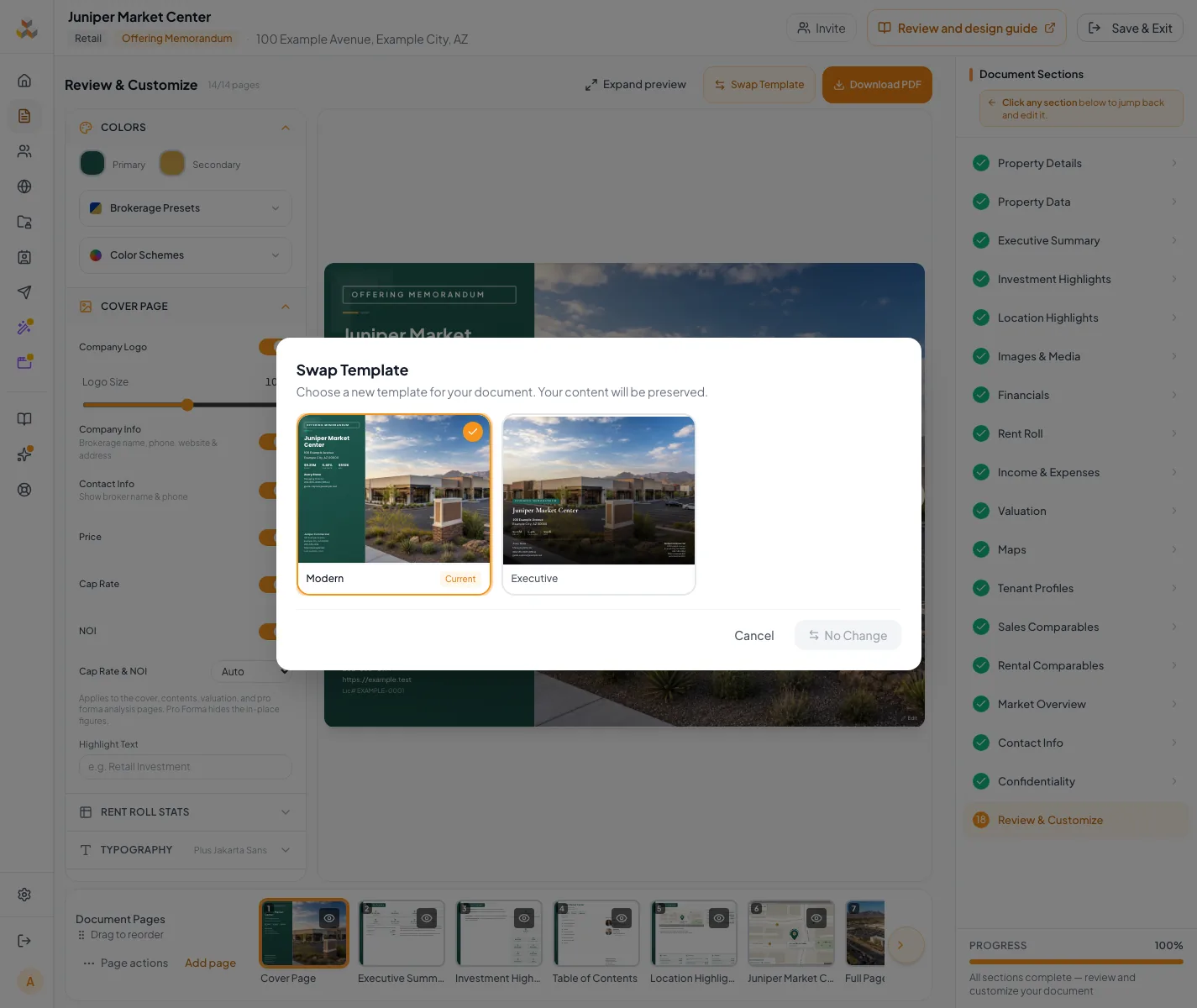 Show the control that changes branding, layout, or section visibility before delivery.