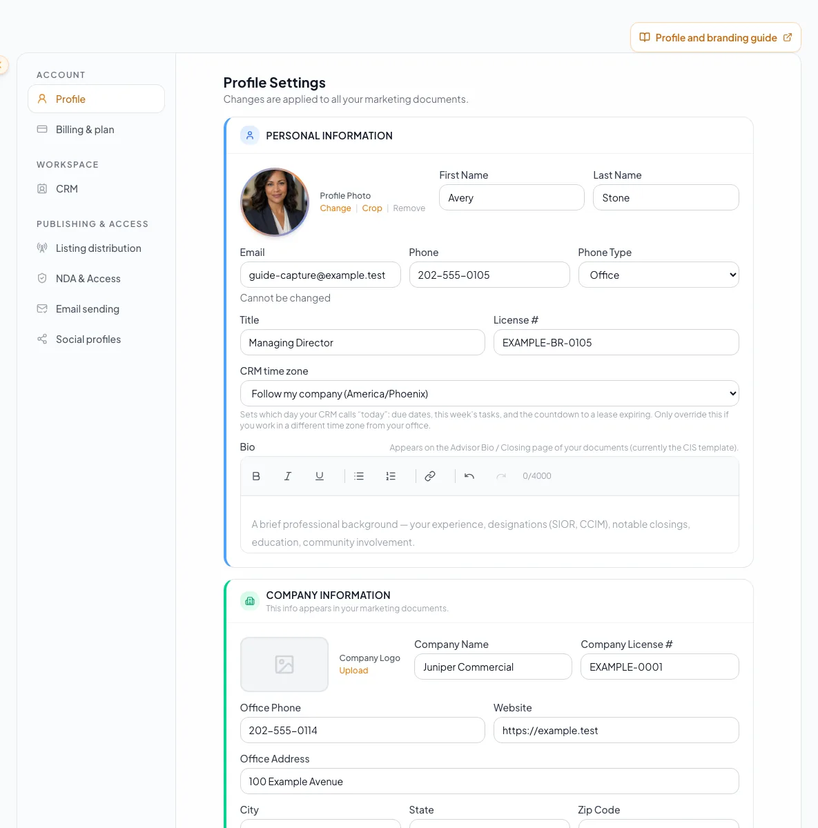 Orient account owners to profile, branding, billing, access, email, and social settings.