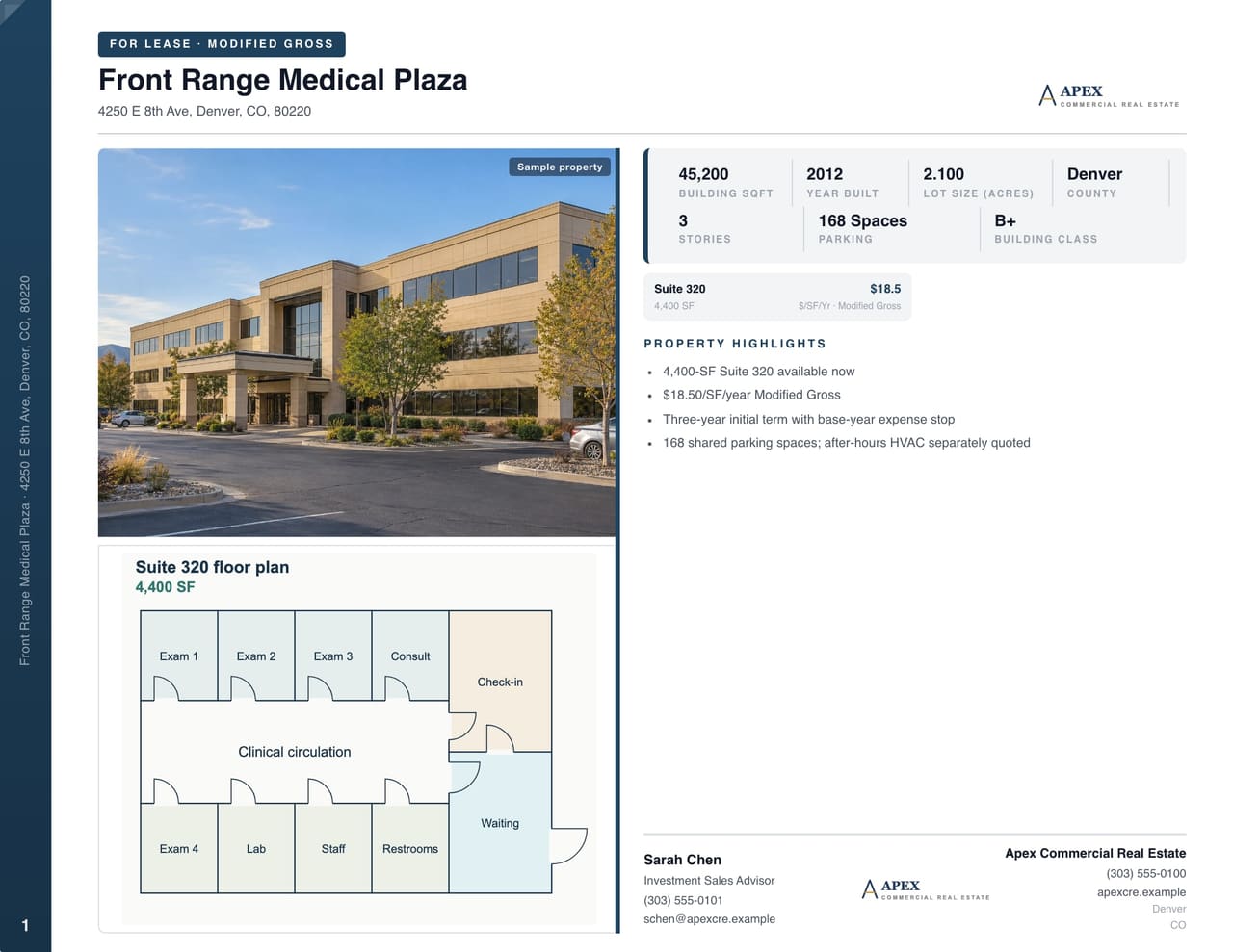 CREBuilder For Lease flyer for Midtown Commerce Center in Phoenix, AZ, showing 1,500 to 3,200 SF available at $22.00 to $26.00 per SF per year, 3 spaces