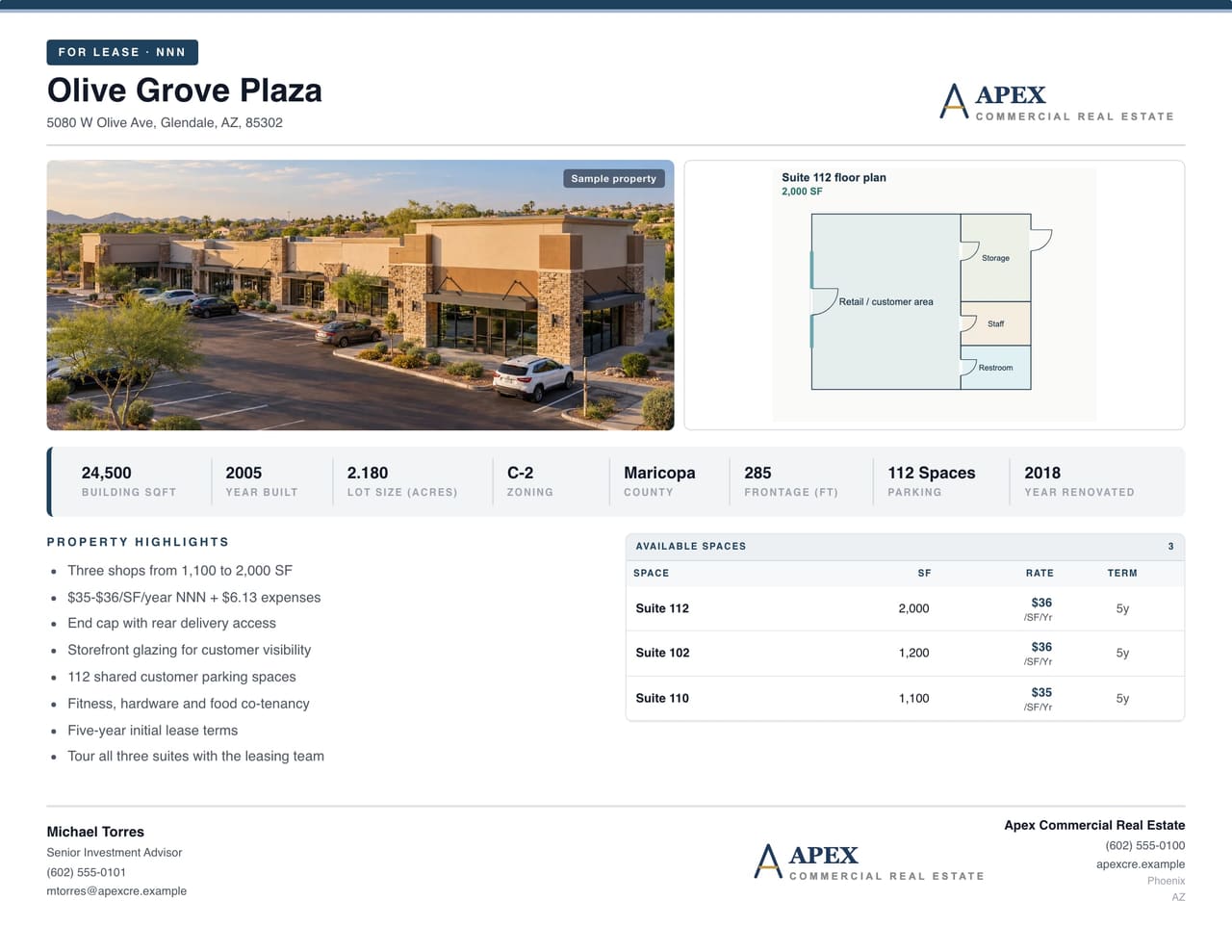 CREBuilder For Lease flyer for Olive Grove Plaza showing 1,200 to 2,000 SF available, $32.00 to $34.00 per SF per year, and 2 spaces