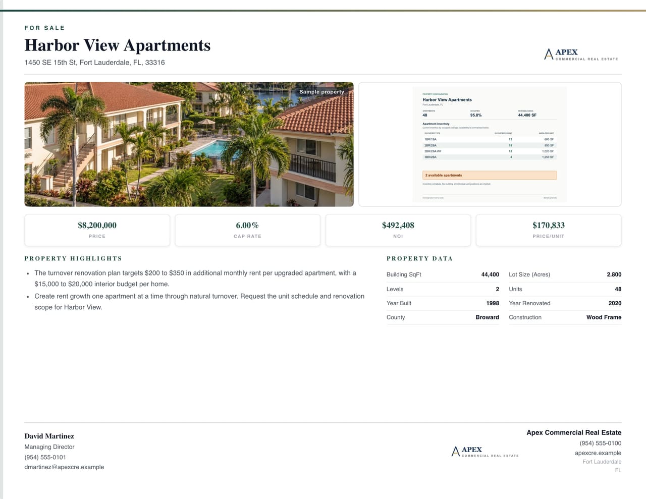 CREBuilder For Sale flyer for Harbor View Apartments in Fort Lauderdale, FL, showing $5.78M price, 5.50% cap rate and $318K NOI with broker headshot