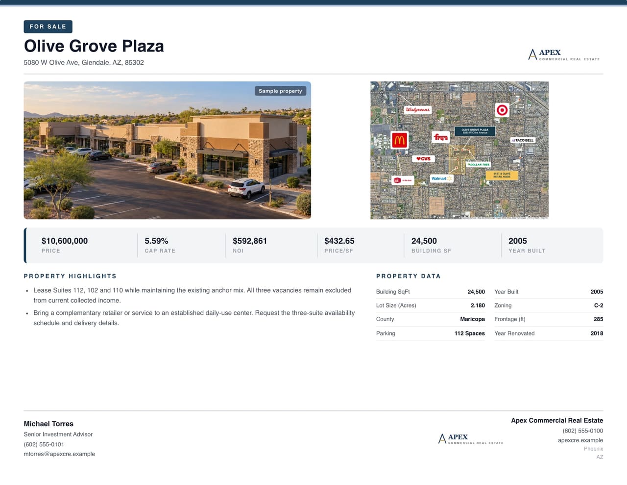 CREBuilder For Sale flyer for Olive Grove Plaza, a retail center in Glendale, AZ, showing $10.9M price, 6.52% cap rate and $711.1K NOI over an aerial photo