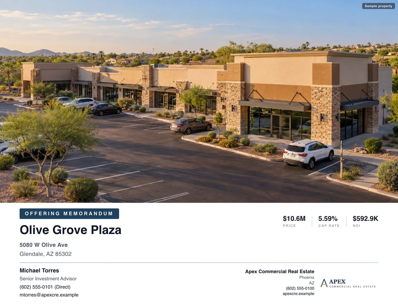 CREBuilder offering memorandum cover for Olive Grove Plaza, a retail center in Glendale, AZ, showing $10.9M price, 6.52% cap rate and $711.1K NOI