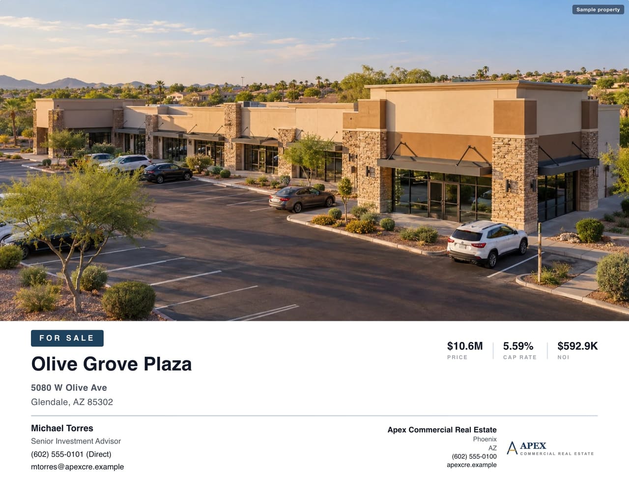 CREBuilder sales teaser for Olive Grove Plaza showing For Sale, $10.9M price, 6.52% cap rate and $711.1K NOI with broker contact