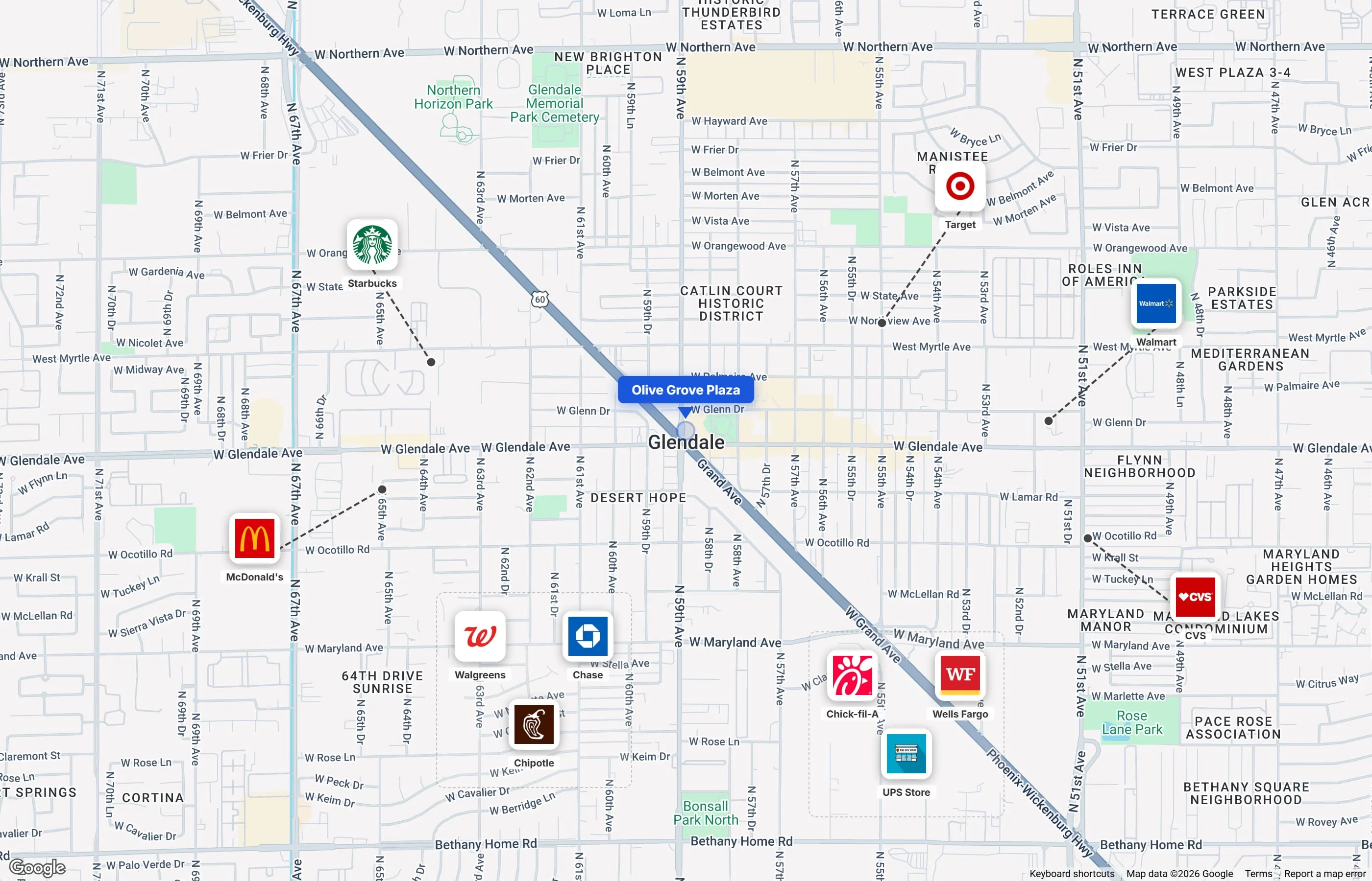 Actual CREBuilder sample map showing Olive Grove Plaza and nearby retailers